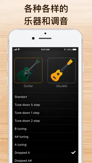 吉他调音器 : 调音器用于您的原声吉他和电吉他